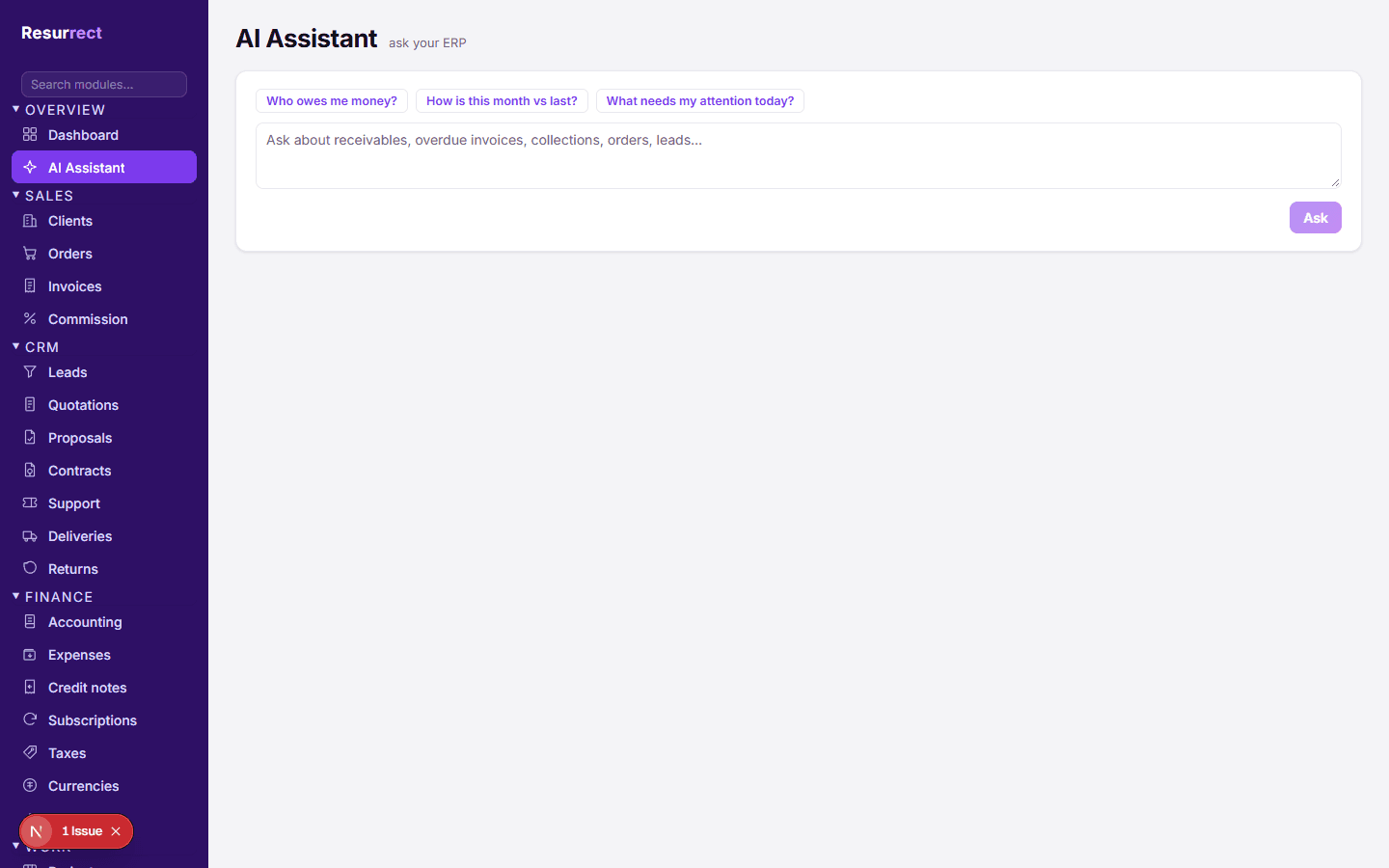 The AI assistant page: ask questions about your books