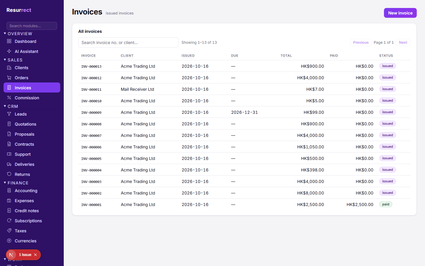 Invoice list: status, amounts and overdue at a glance